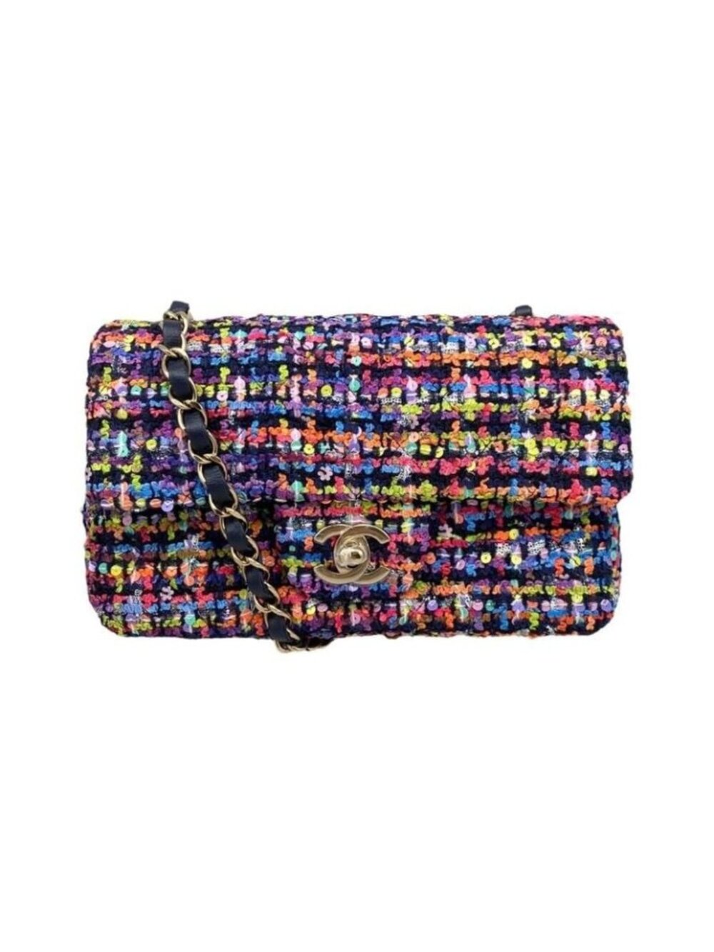 Chanel Shoulder Bag Mini Classic Chain Flap Quilted Tweed Sequins Coco